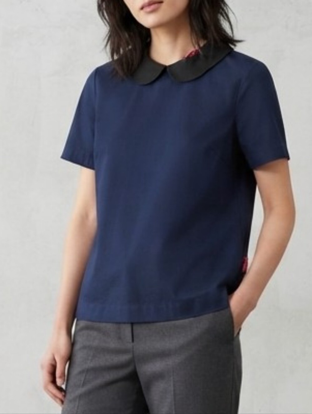 Merona Navy Short-Sleeve Top w/Black Peter Pan Contrast Collar Blouse Sz Size L